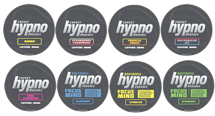 Hypno Energy Pouches & Hypno Nootropic Energy Pouches – nicotine-free snus alternative and premium energy pouches delivering clean stimulation with natural caffeine, taurine, L-theanine and nootropics for energy, focus and mental clarity. Includes flavored